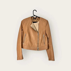 Belstaff Camel Leather Moto Jacket with Silver Hardware Asymmetrical zip size 40